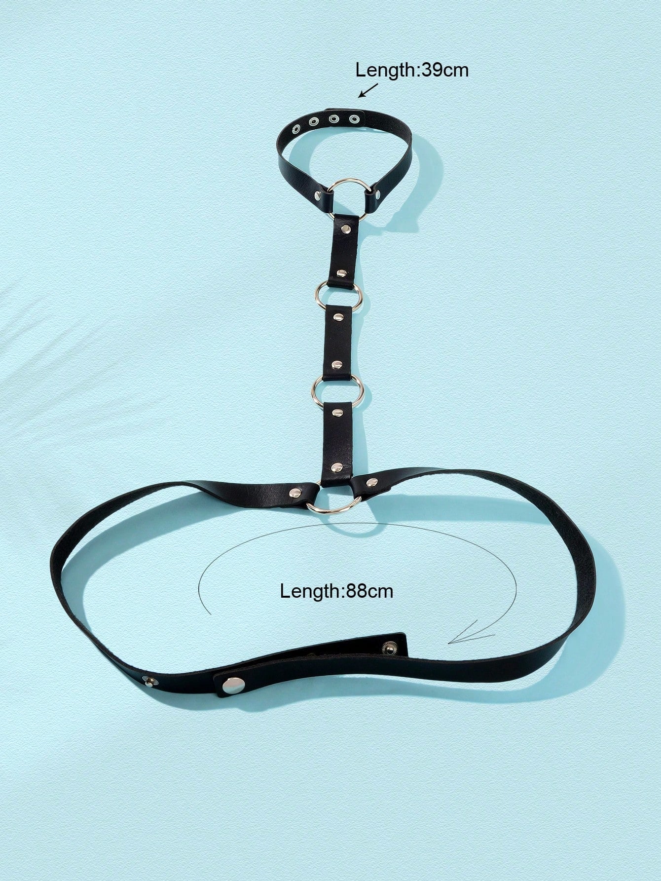 Black PU leather body harness with silver waist chains and adjustable buckles for rave and nightclub — view 2