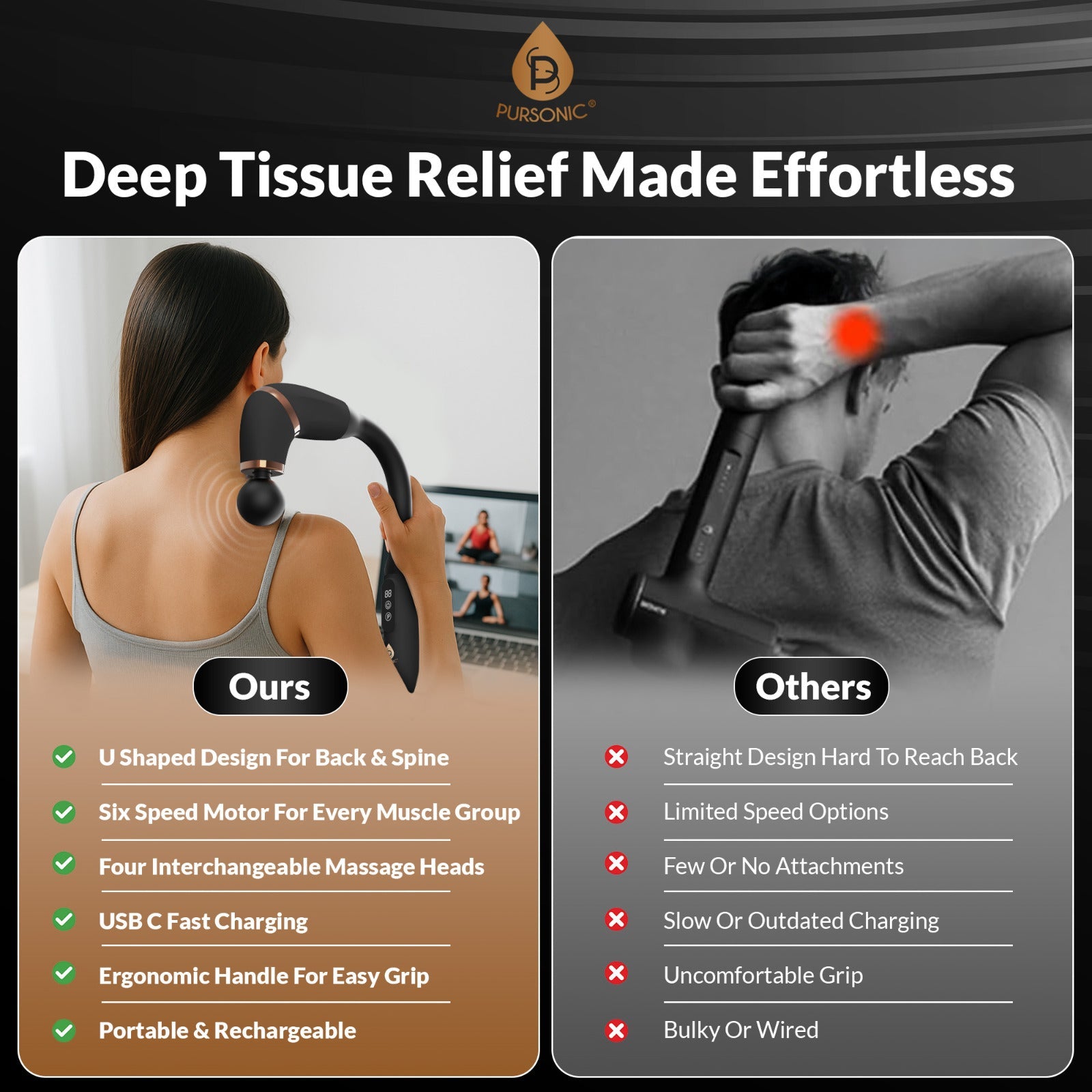 Ultimate U-shaped massage gun in dark grey with four interchangeable massage head attachments — view 5