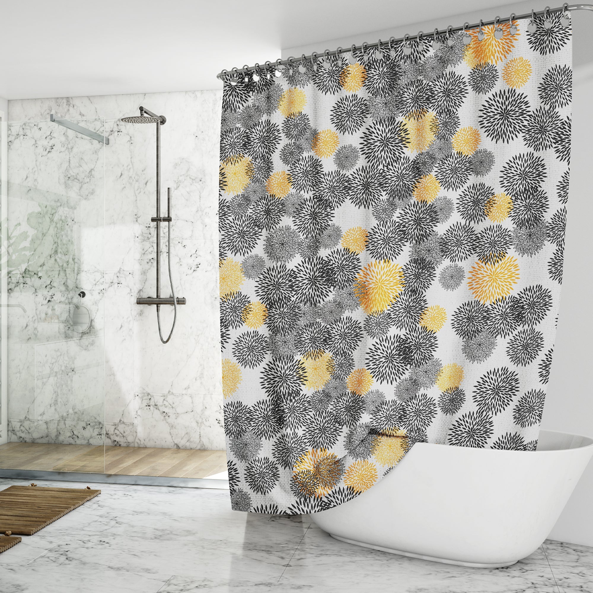 Floral print EVA shower curtain in natural colors, waterproof design with hanging hooks included