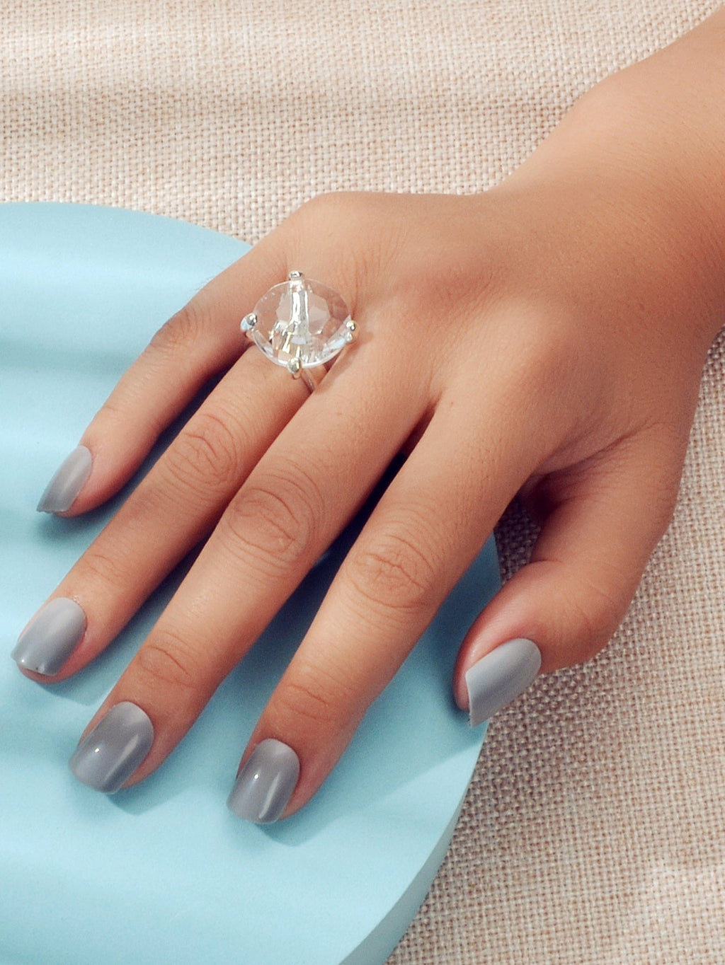Big transparent simulated crystal women's statement ring with silver polished band for engagement gifts.