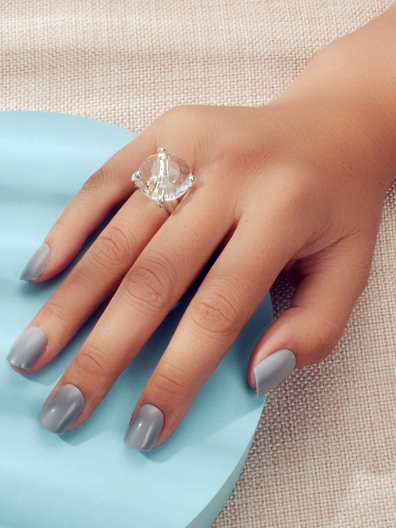 Big transparent simulated crystal women's statement ring with silver polished band for engagement gifts.