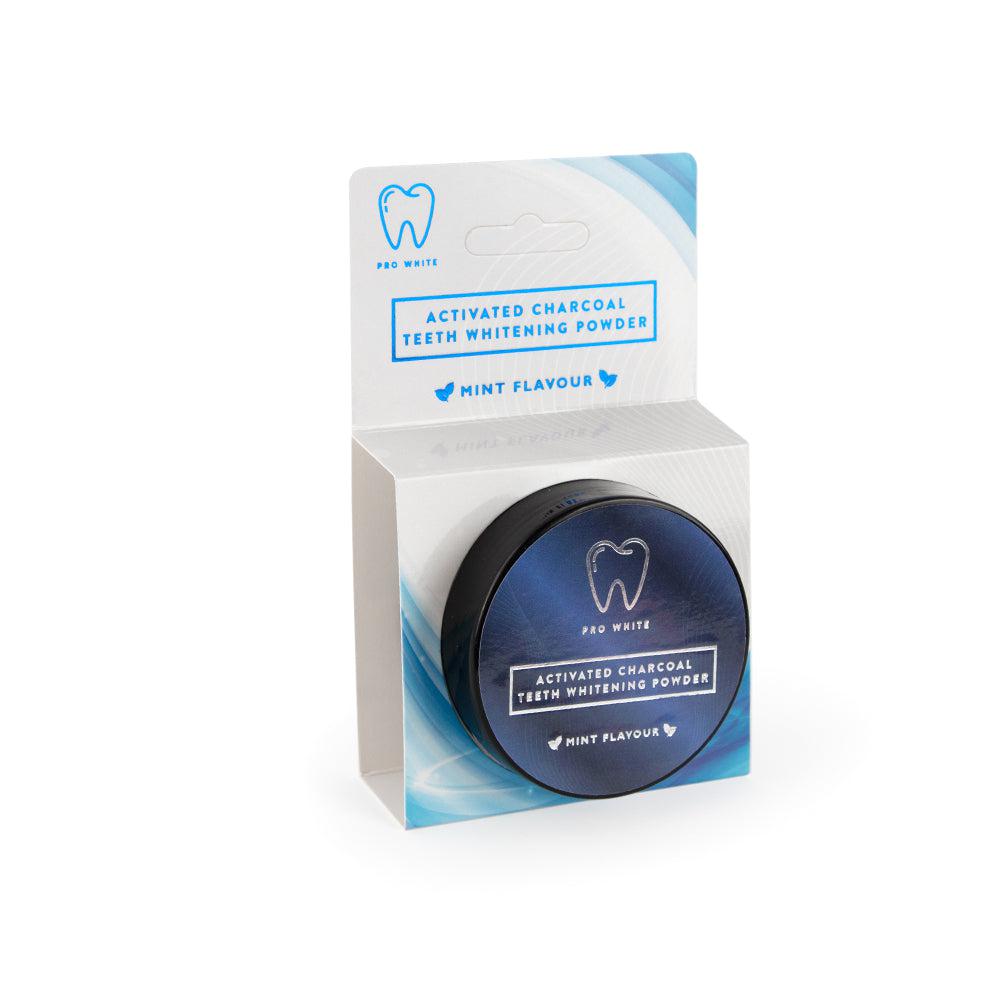 Open jar of black activated charcoal teeth whitening powder for natural daily oral care