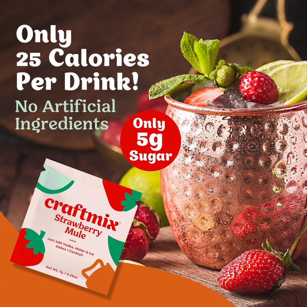 Craftmix Strawberry Mule cocktail mix 12-pack showing individual travel packets and vibrant fruit graphics — view 2