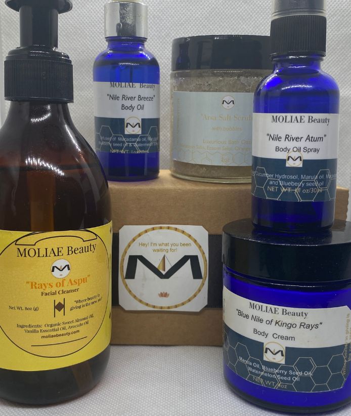 MOLIAE Royal Blue Nile self care set with body oil, face cleanser, and salt scrub