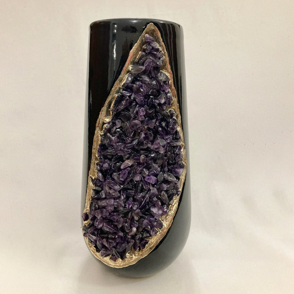 Set of two black ceramic vases featuring electroplated details and natural agate crystal stone accents — view 4