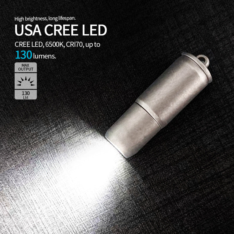 Titanium rechargeable bullet keychain flashlight with lanyard and 130 lumen LED beam