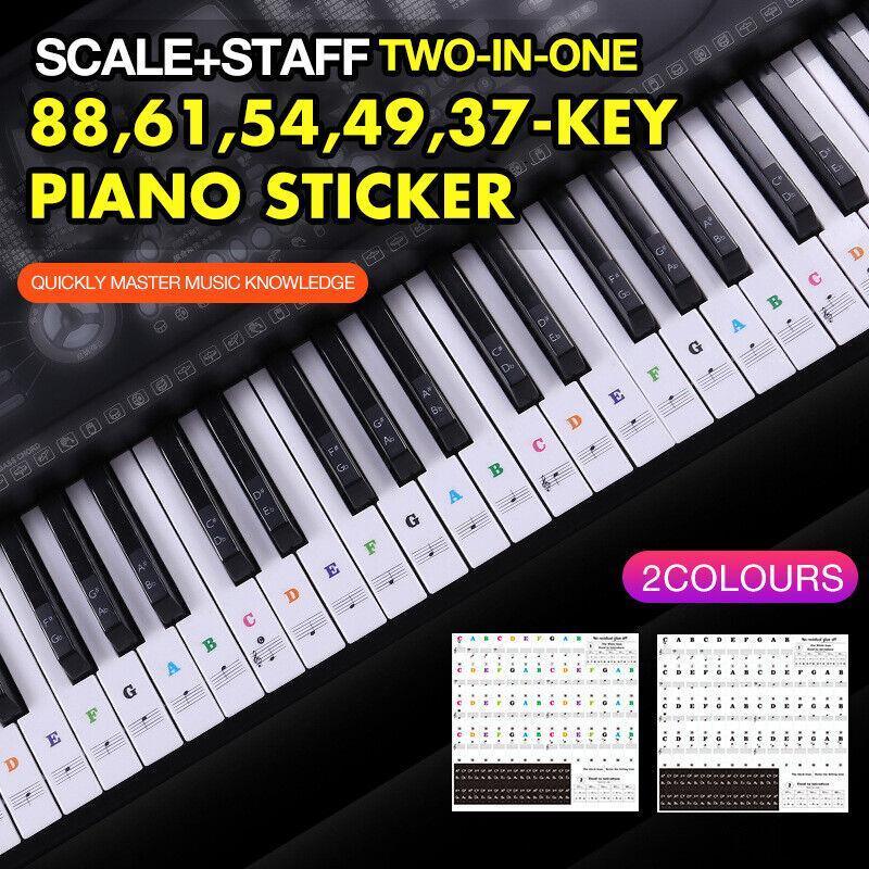 Transparent piano note stickers applied to a full-size keyboard showing staff notation