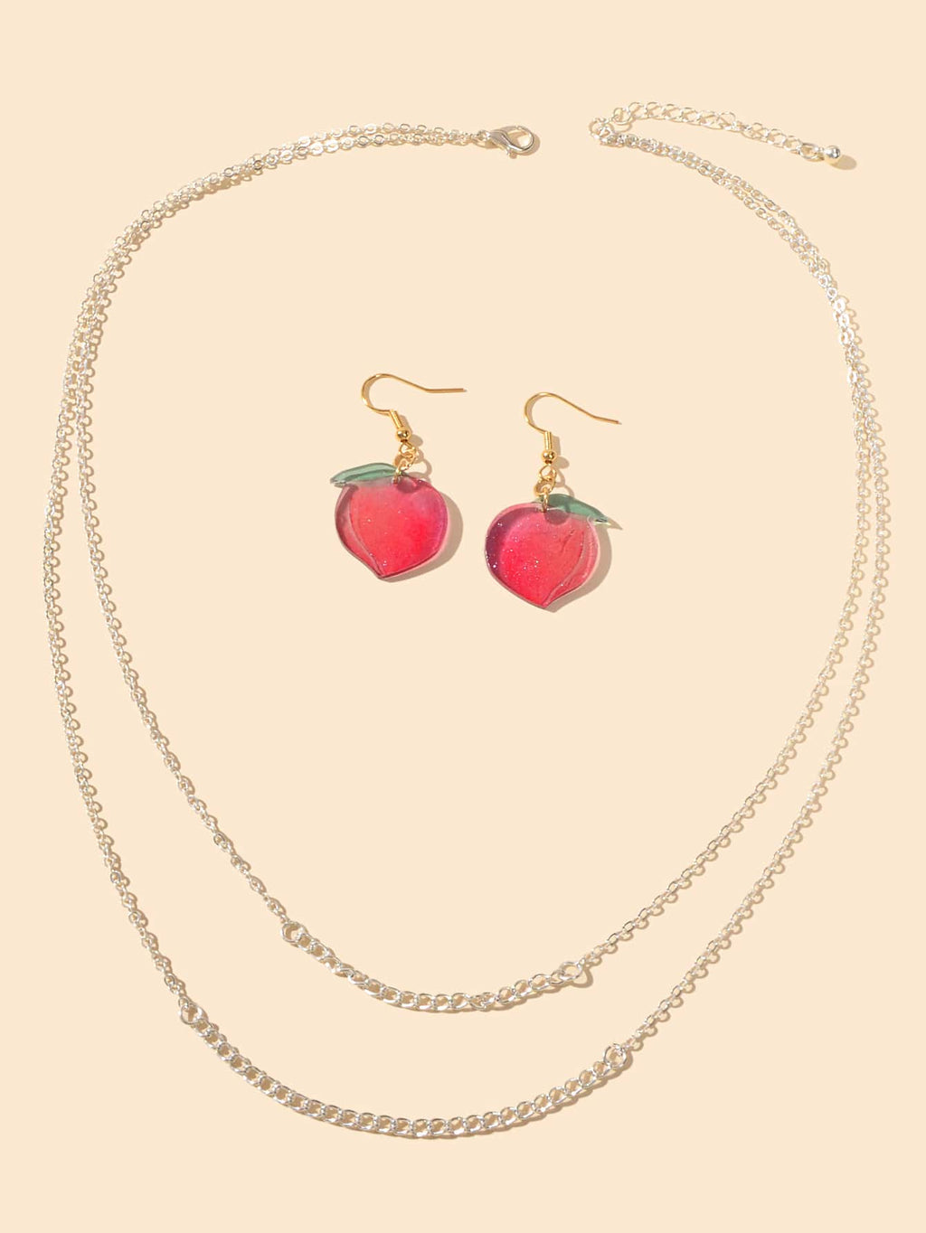 Silver double layer chain necklace and matching pink resin peach dangle earrings jewelry set — view 2