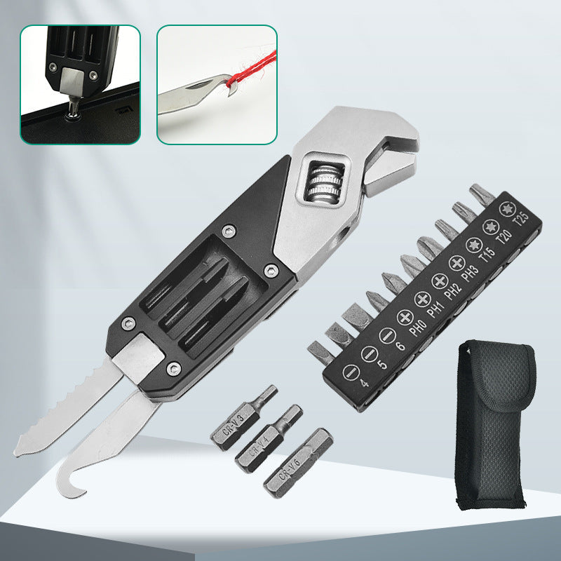 Stainless steel 8-in-1 folding multitool wrench with pliers, knife, and screwdrivers deployed.
