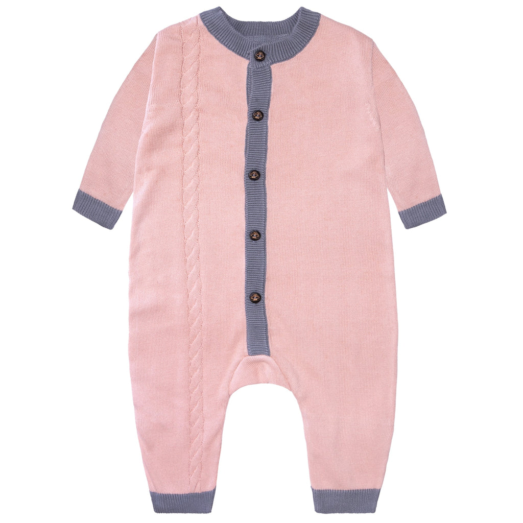 Organic cotton newborn baby romper with cable knit details, foldable cuffs, and natural coconut buttons — view 5