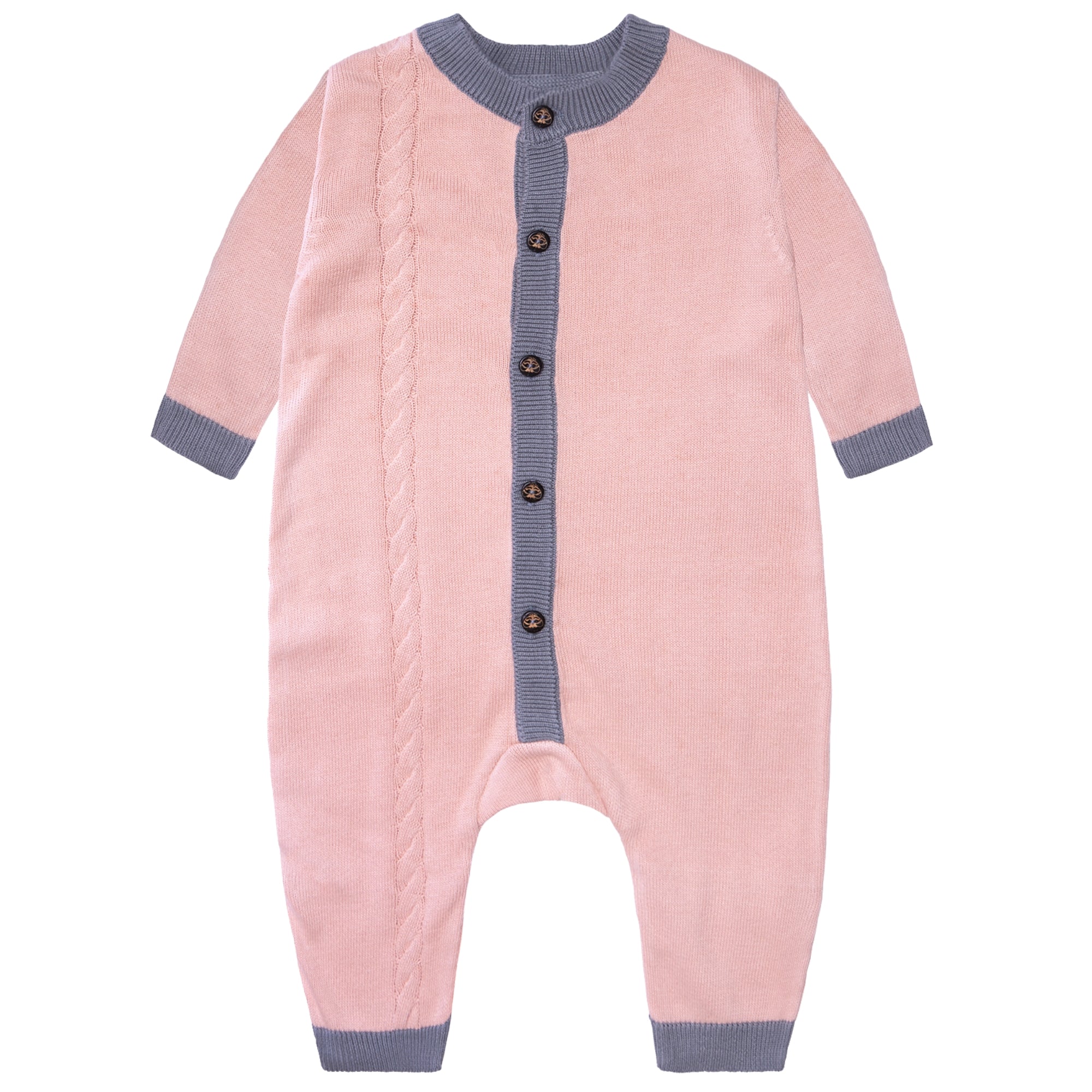 Organic cotton newborn baby romper with cable knit details, foldable cuffs, and natural coconut buttons — view 5