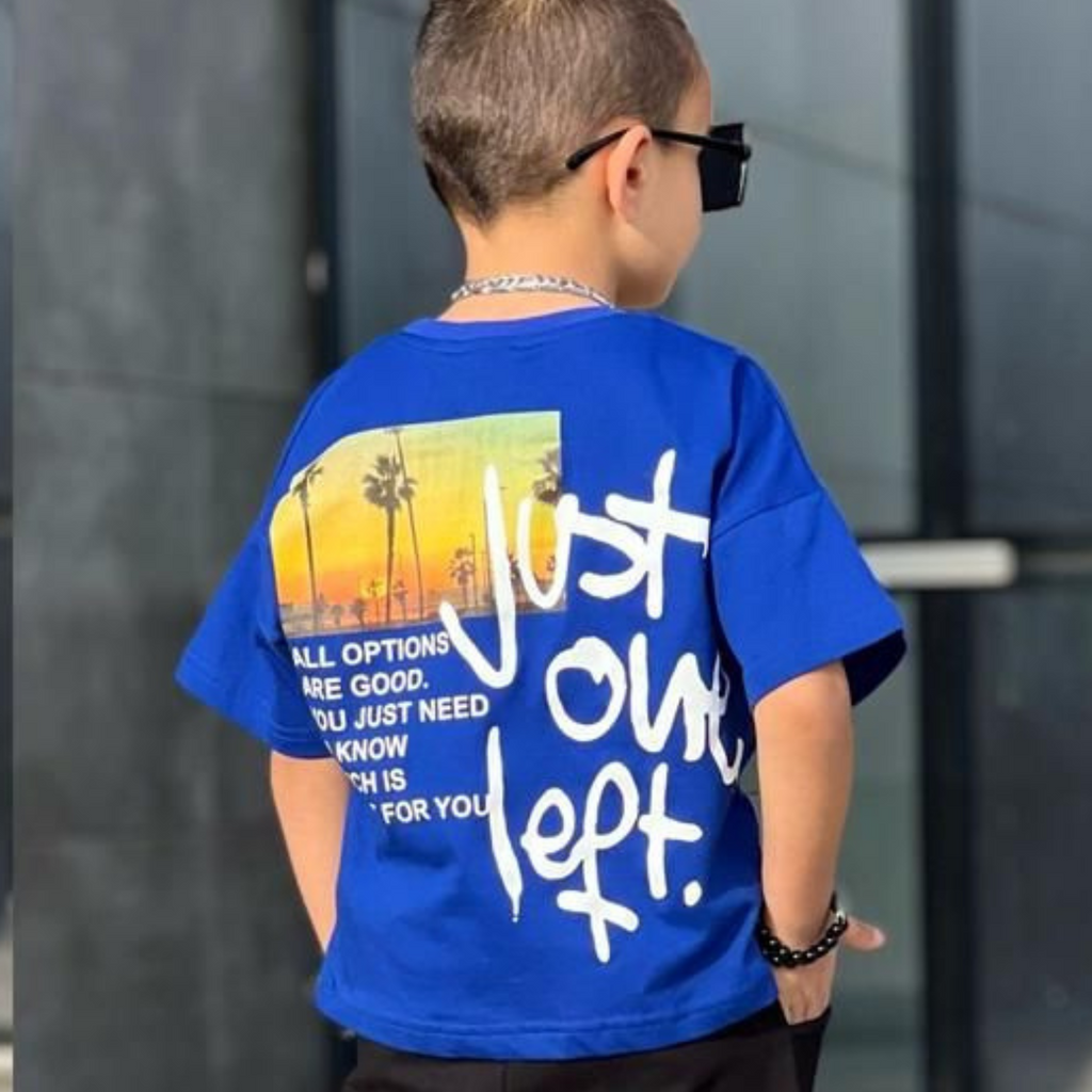 Blue cotton boys jogger set featuring a short-sleeved graphic t-shirt and matching elastic cuff pants — view 4