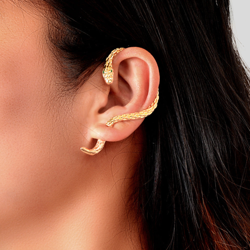 Punk snake cartilage wrap earring crawler stud in a metallic finish for single ear wear