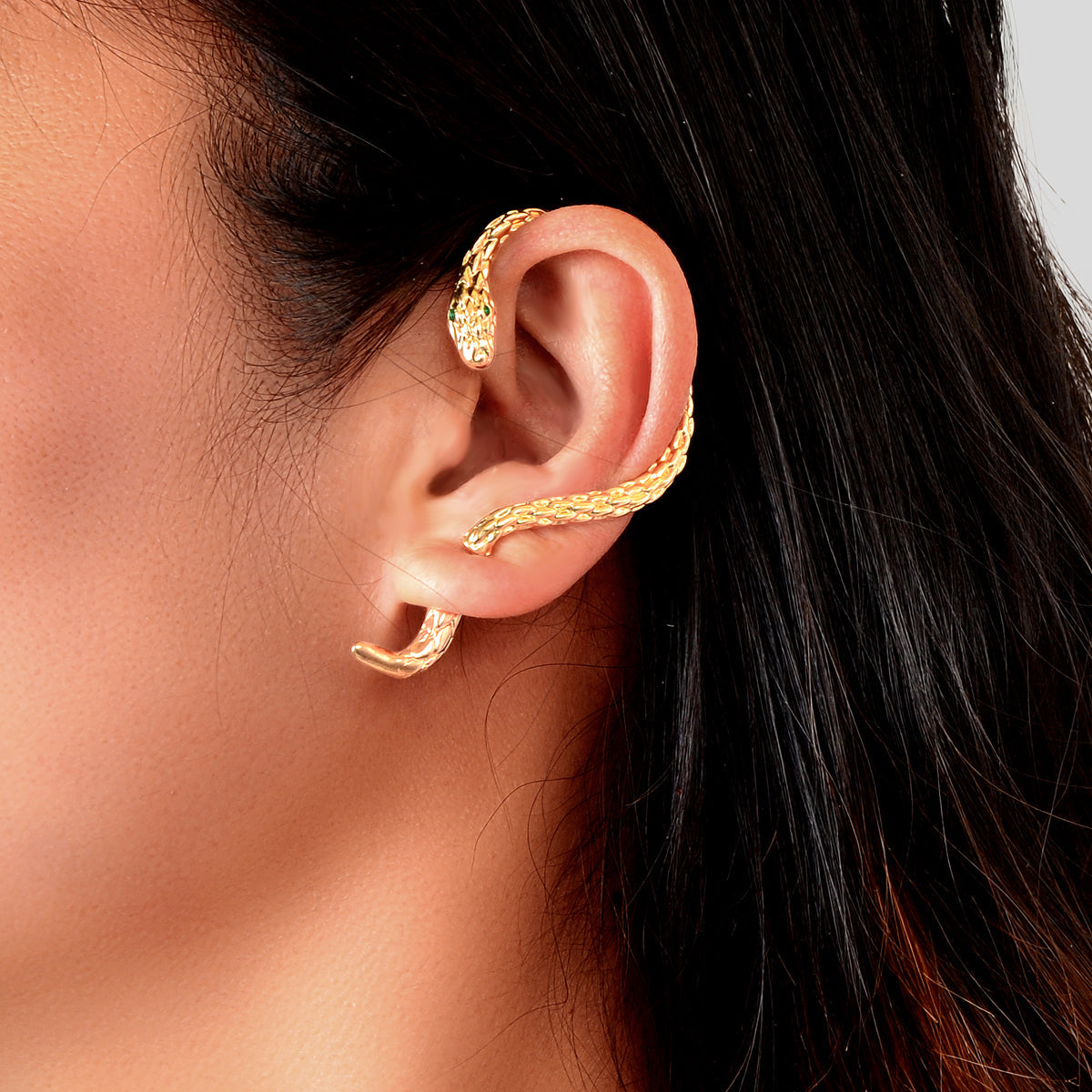 Punk snake cartilage wrap earring crawler stud in a metallic finish for single ear wear