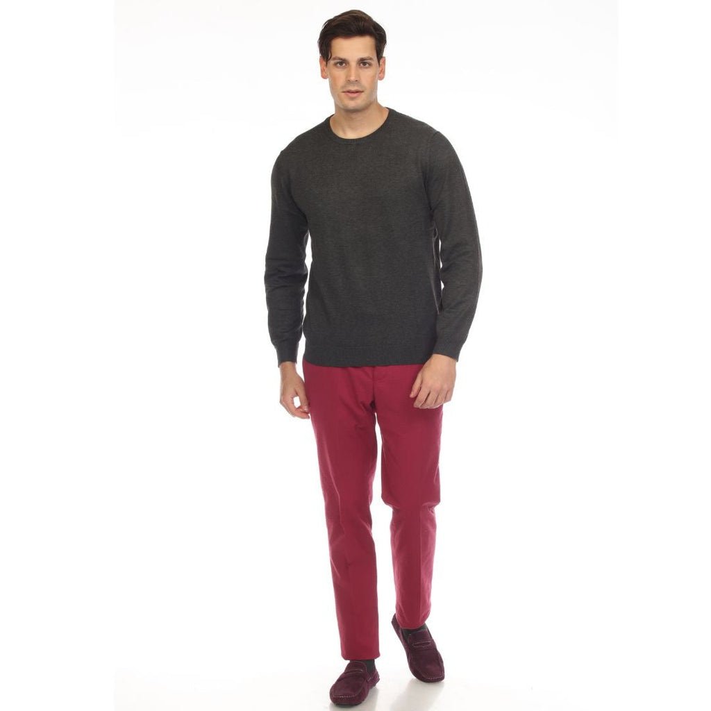 Men's charcoal grey knitted crewneck sweater, slim fit long sleeve pullover on a neutral background — view 2