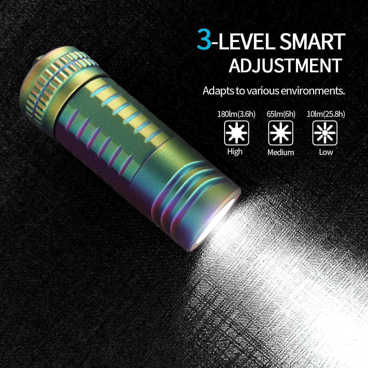 Titanium EDC keychain flashlight, compact silver metal mini LED torch for everyday carry and outdoors. — view 2
