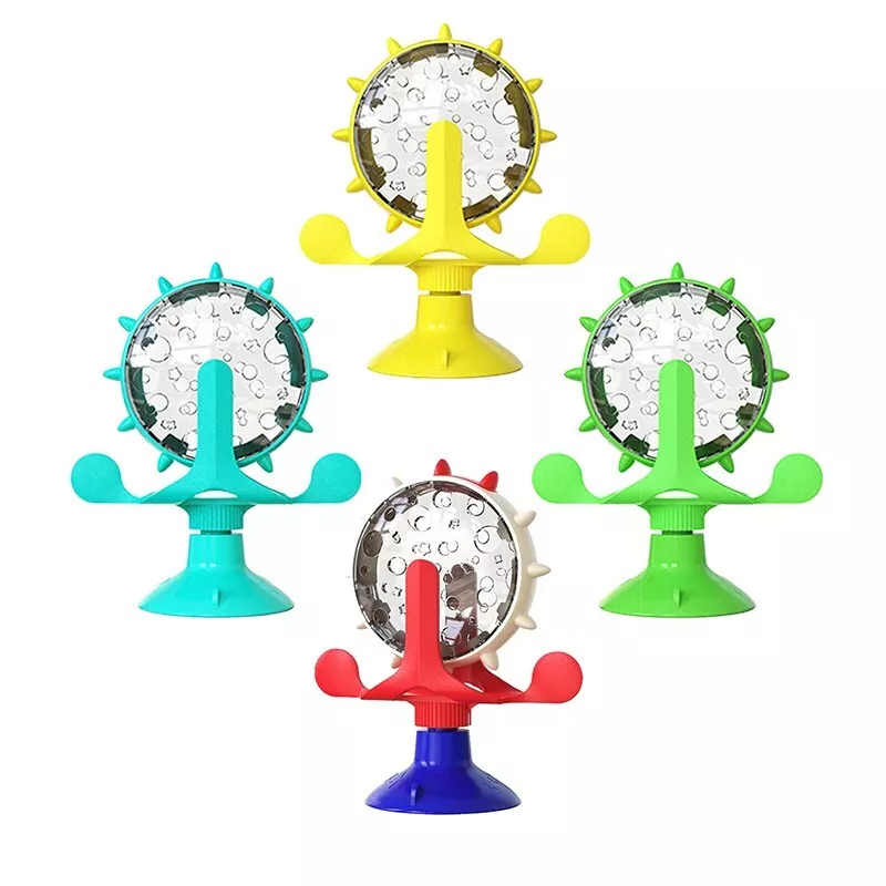 Interactive plastic windmill pet treat dispenser toy with suction cup base and food holes — view 2