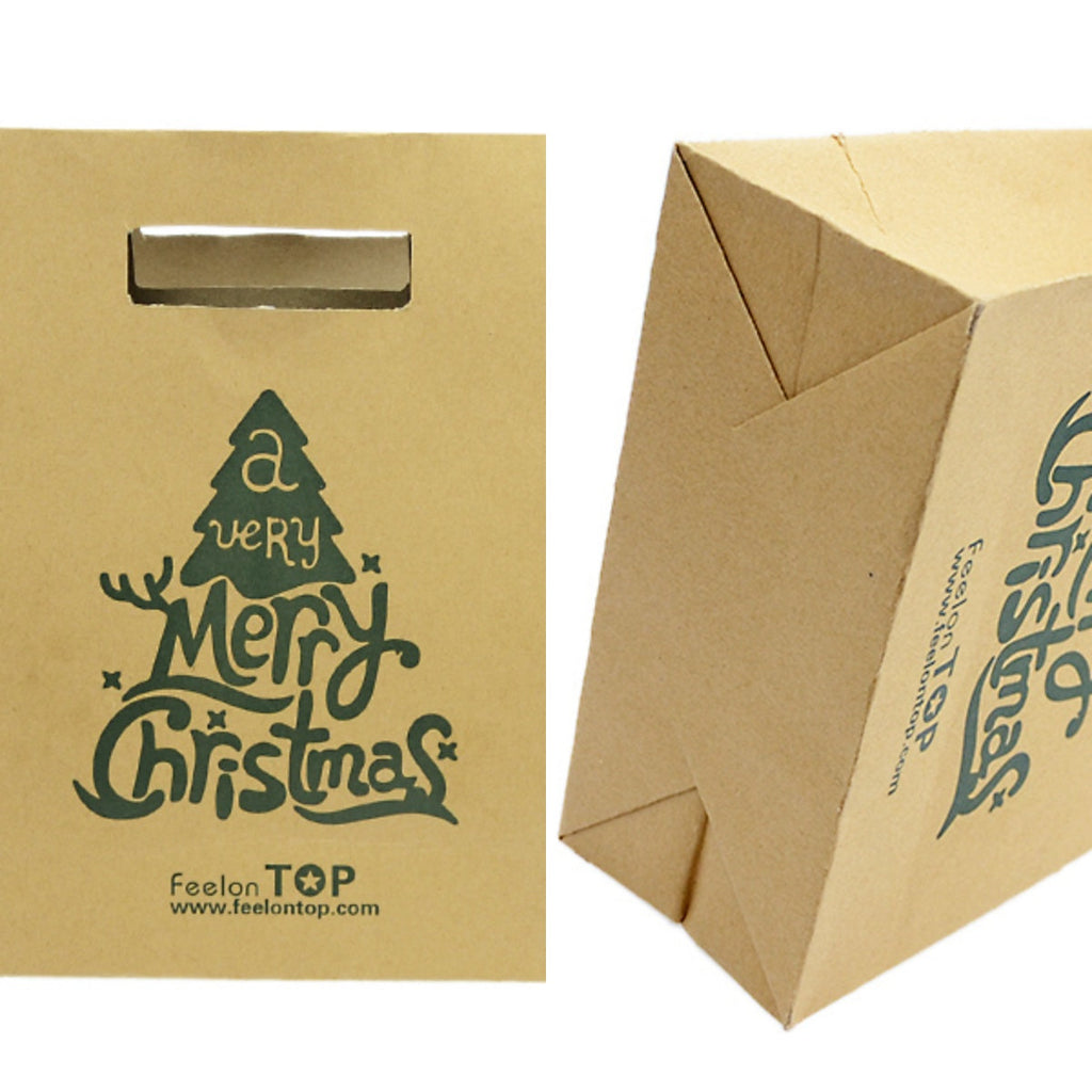 Two large brown kraft paper Christmas gift bags featuring a festive holiday pattern and handles — view 2