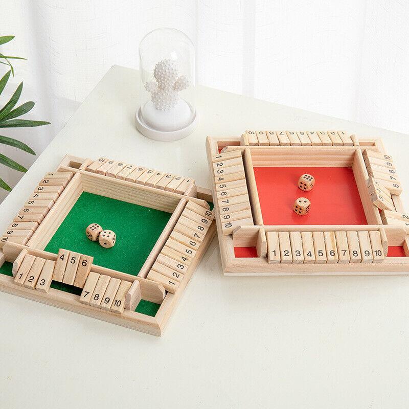 Classic wooden Shut The Box board game with numbered flipping tiles and rolling dice — view 3