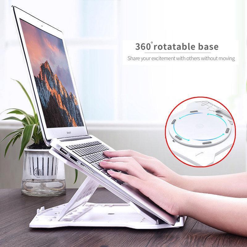Foldable plastic adjustable laptop stand with 360-degree rotating base and a built-in mobile phone holder — view 4