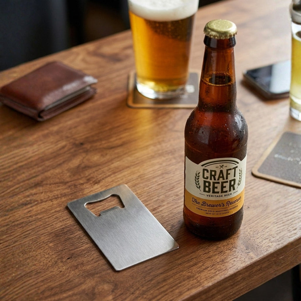 Credit card style stainless steel bottle opener designed for slim wallet storage and everyday carry — view 4