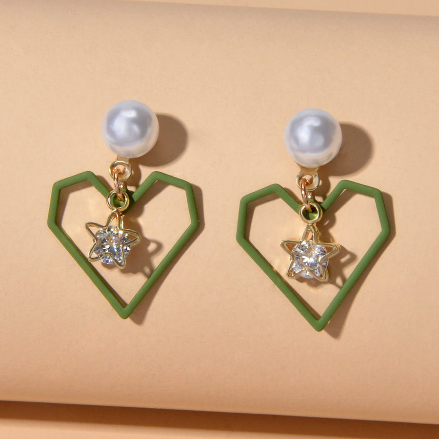 Love Gift for Women Girls Rhinestone Pearl Decor Gold Star Heart Dangle Earrings