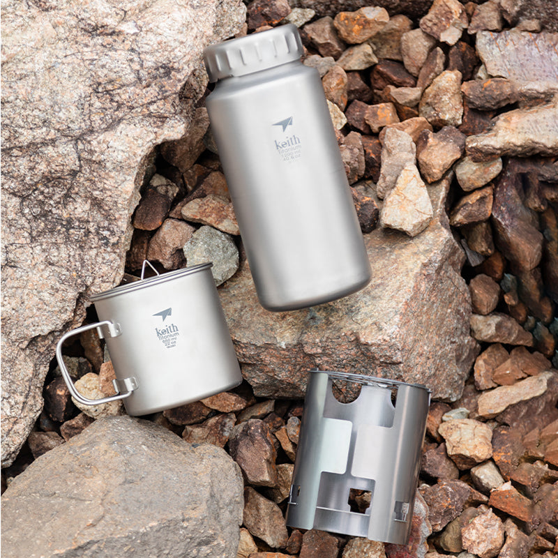 KEITH Titanium Nesting Camp Set with Bottle, Mug & Wood Stove - Ti3070-4