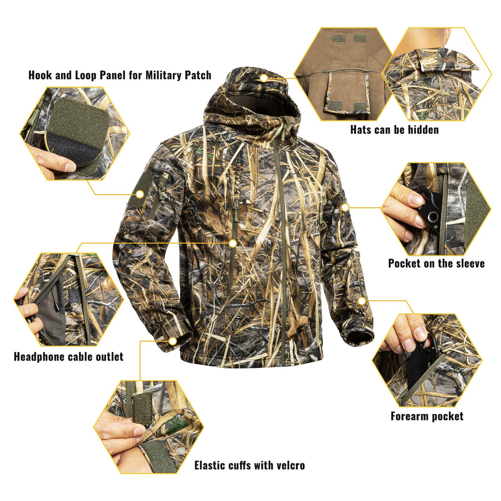 Men's camouflage hunting jacket with adjustable hood and multiple tactical zipper pockets — view 2