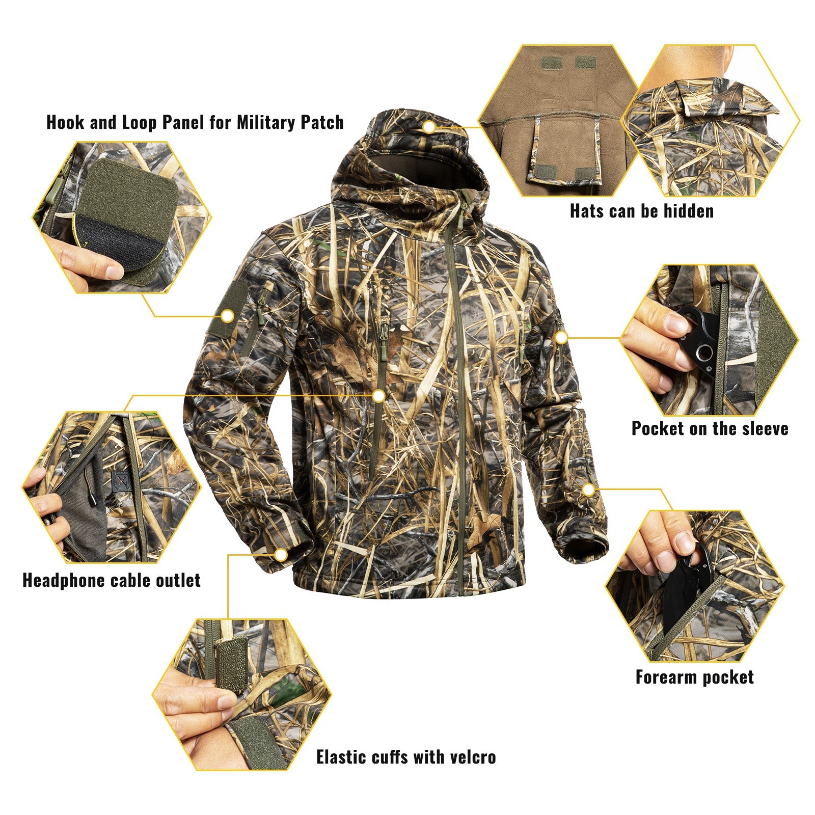 Men's camouflage hunting jacket with adjustable hood and multiple tactical zipper pockets — view 2