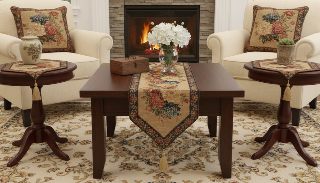 Three piece rustic floral woven cotton blend table runner set with colorful morning awakening design — view 3