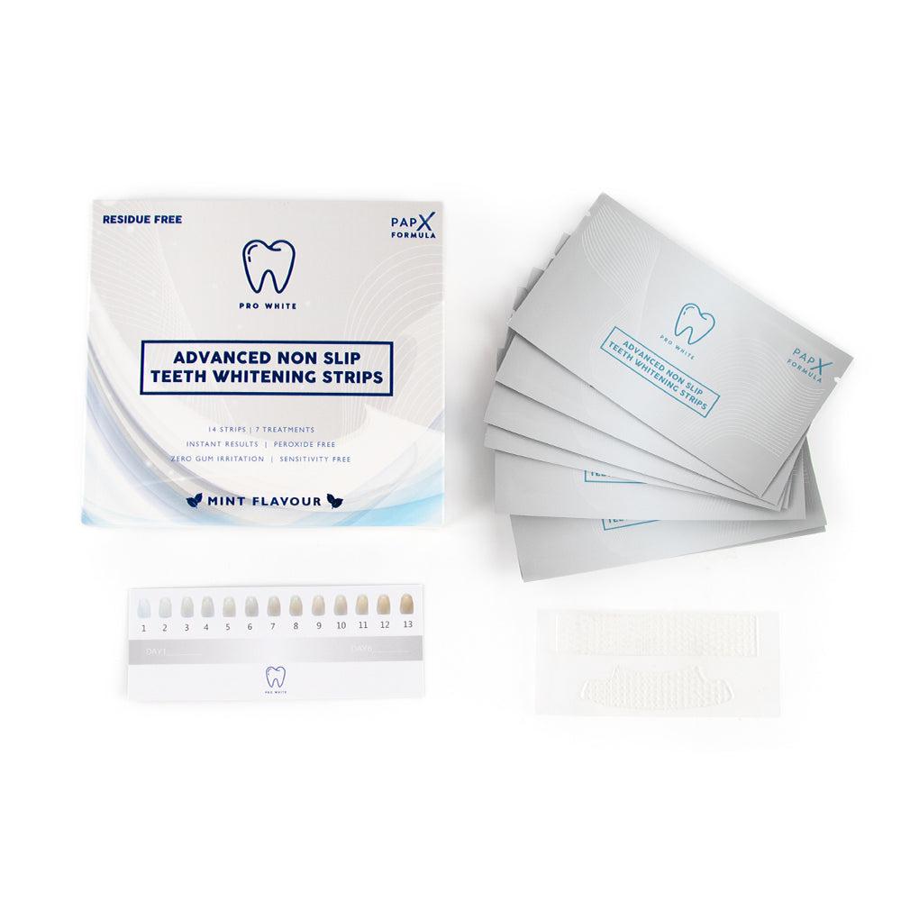 PAP-X advanced non-slip teeth whitening strips kit with shade guide on a clean background — view 2