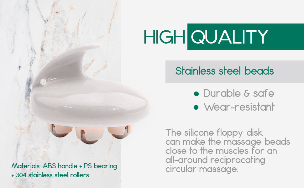 White rolling body massager with three stainless steel massage balls and an ergonomic ABS handle — view 4