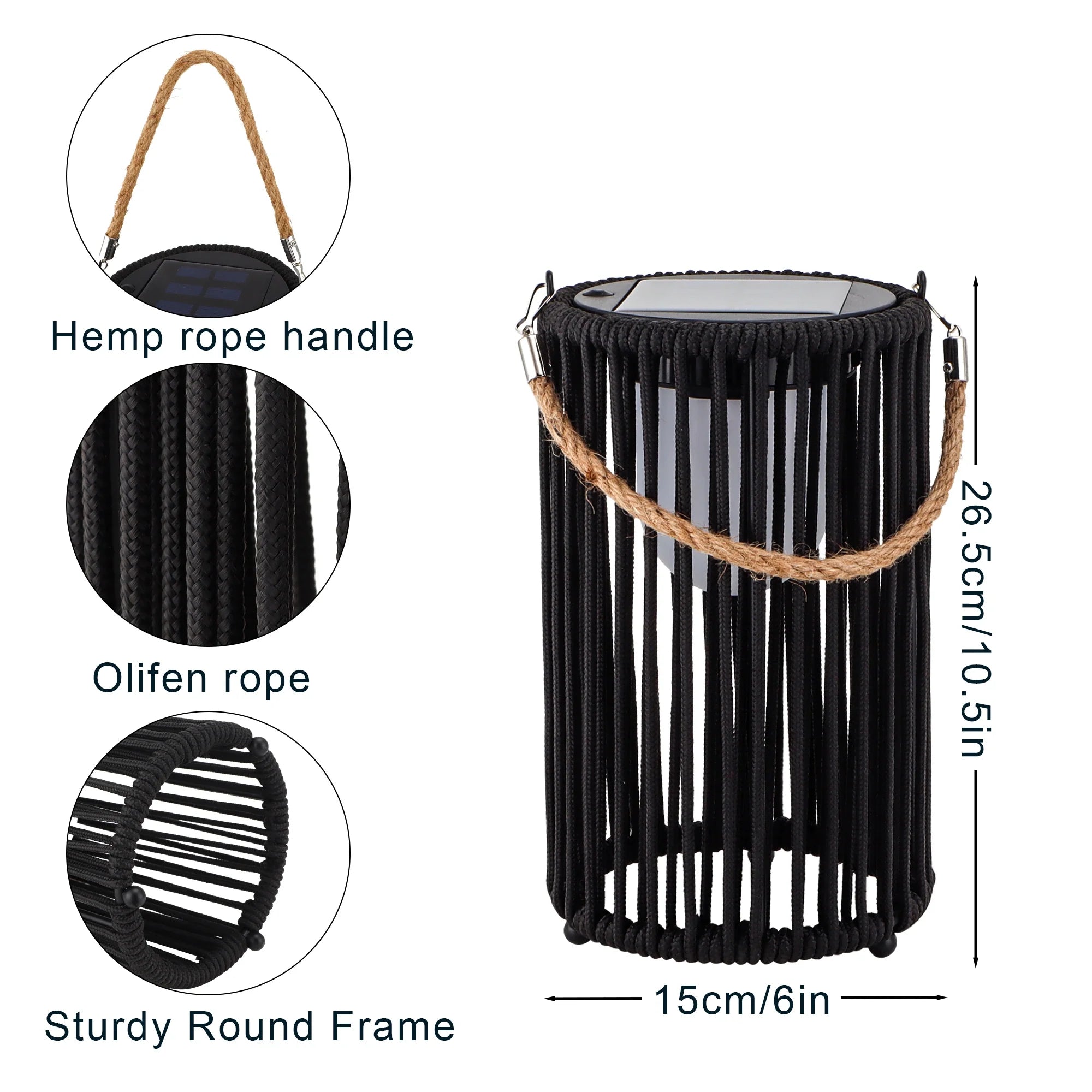 Two black metal 10.5 inch outdoor solar lanterns with rustic jute rope handles for garden lighting — view 2