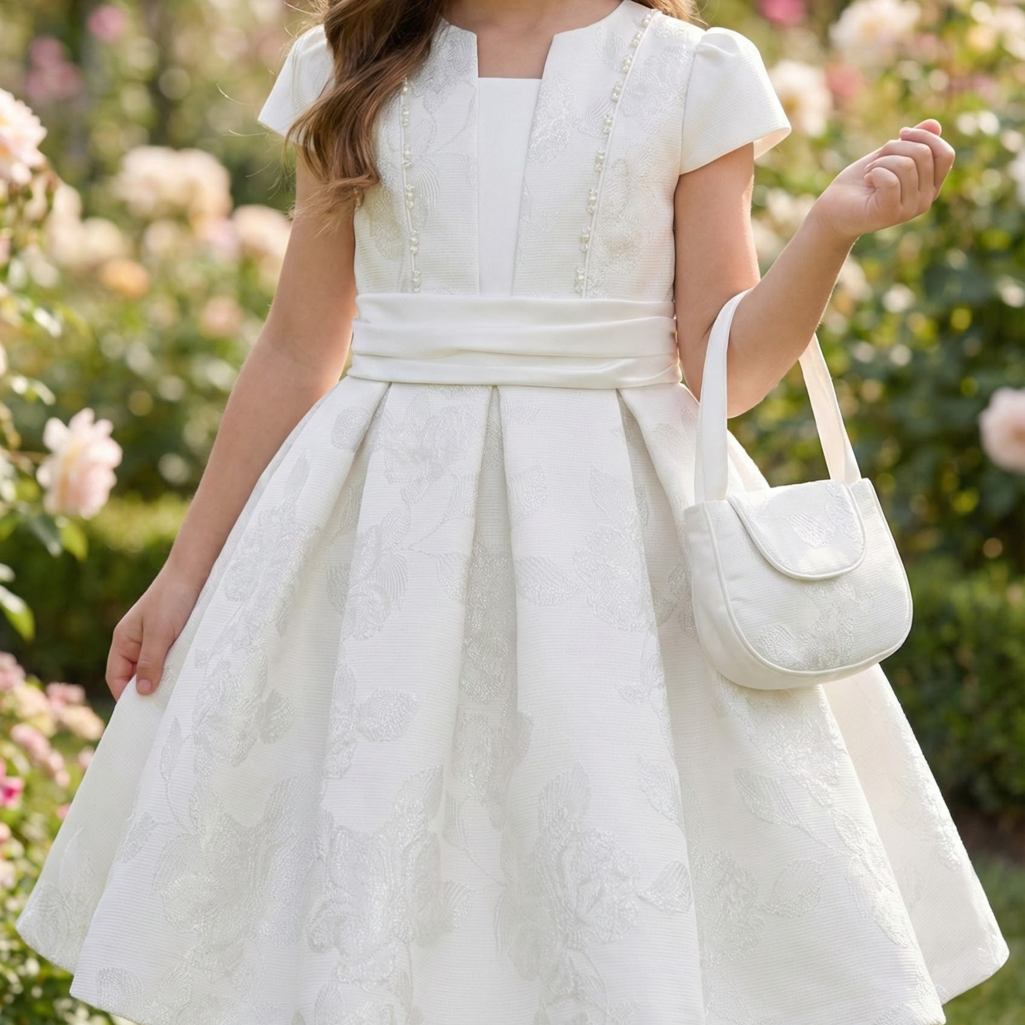 Elegant off-white girls formal dress with floral texture, flared skirt, and a matching small handbag. — view 4