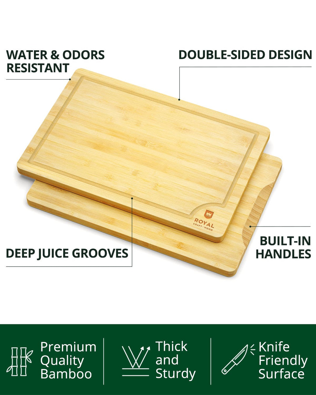 Bamboo cutting board set of five rectangular wooden chopping blocks with built-in juice grooves. — view 2