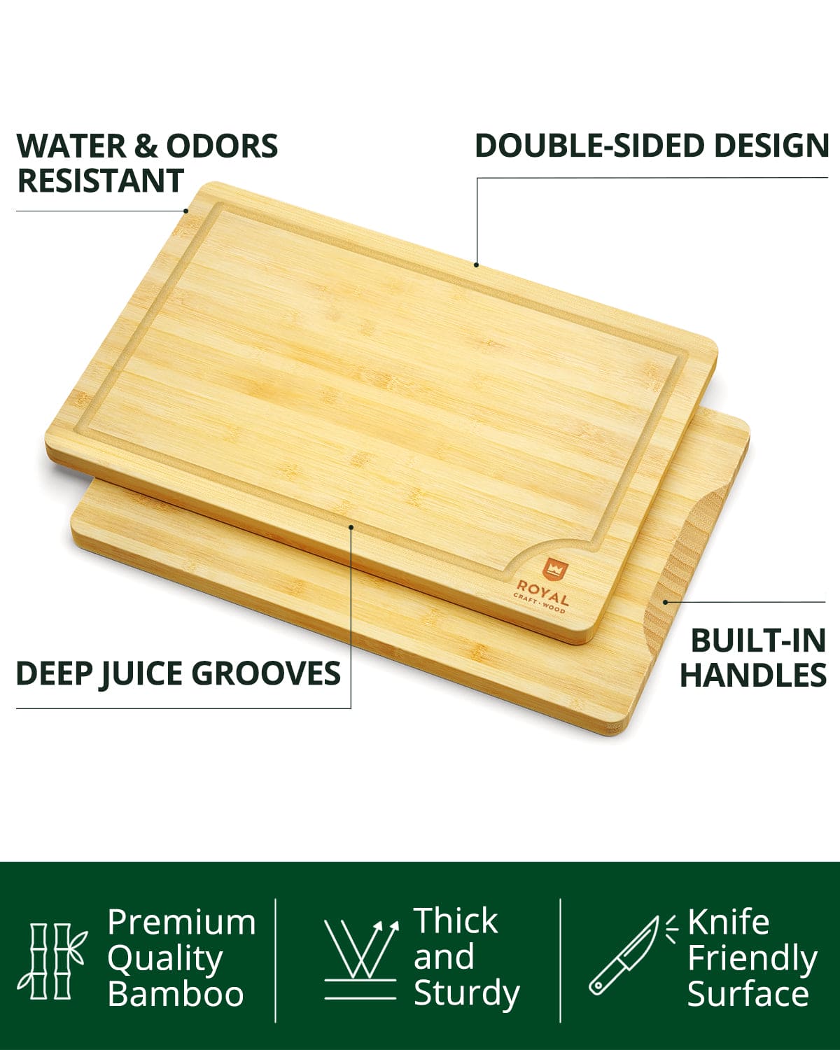 Bamboo cutting board set of five rectangular wooden chopping blocks with built-in juice grooves. — view 2