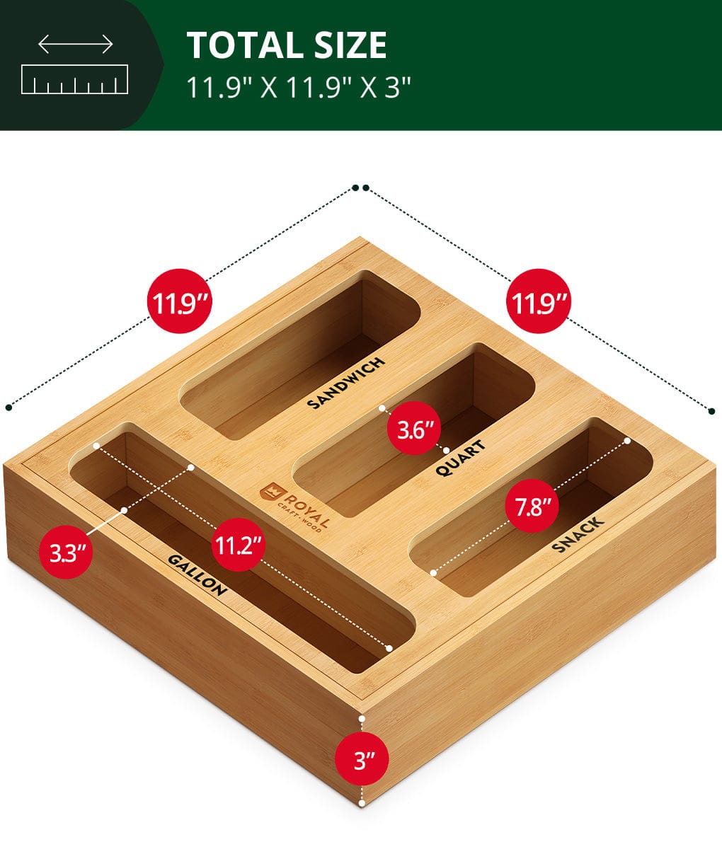 Natural wood ziplock bag storage organizer with slots for gallon quart sandwich and snack bags — view 4