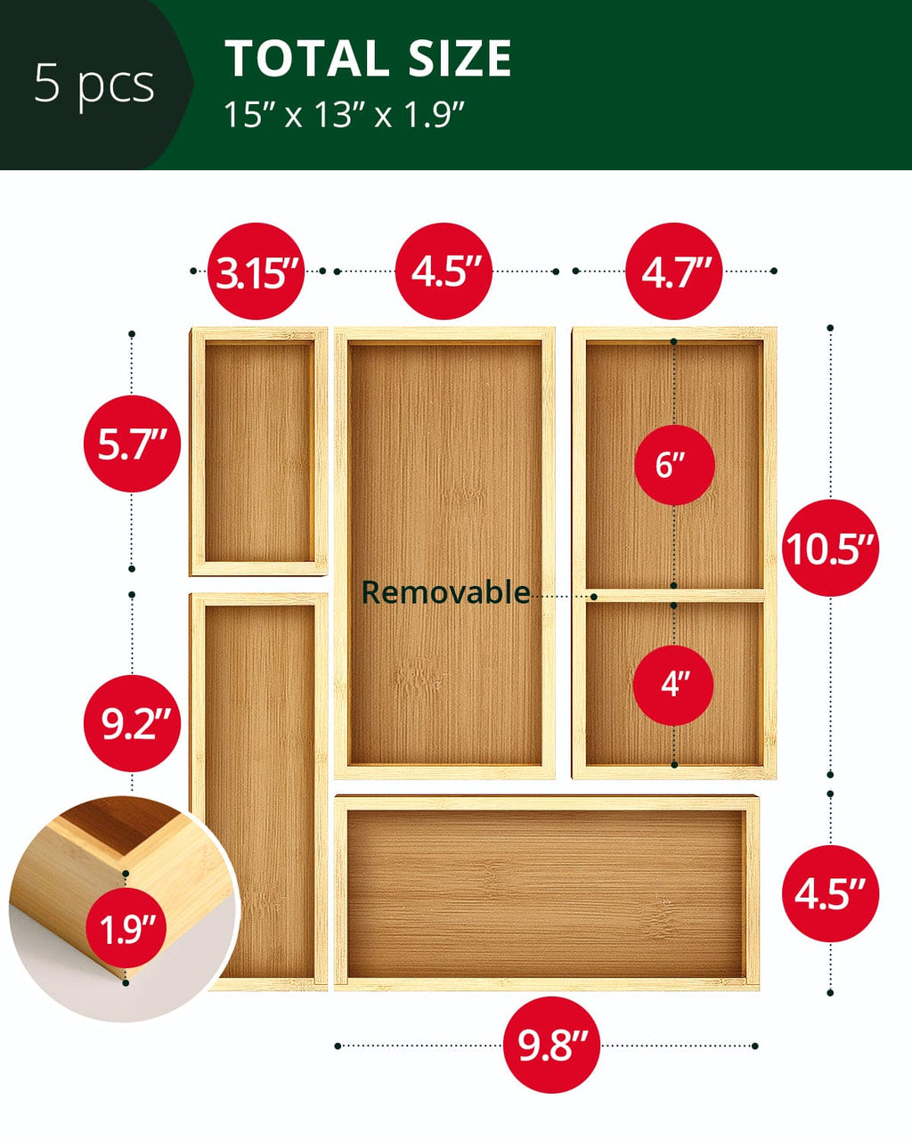 Set of five natural light wood storage boxes and drawer dividers arranged on a flat surface — view 2