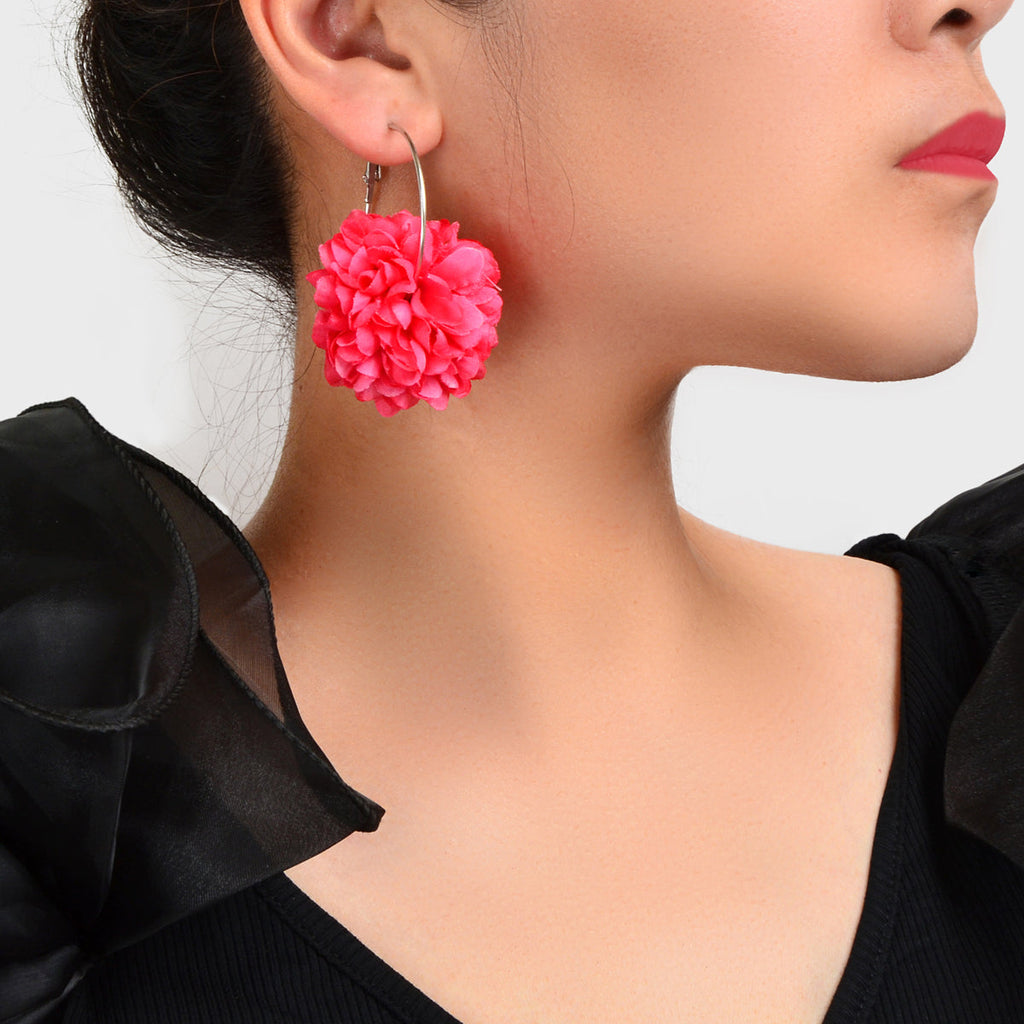 Yellow and hot pink chiffon blossom floral dangle hoop earrings on a clean background — view 5