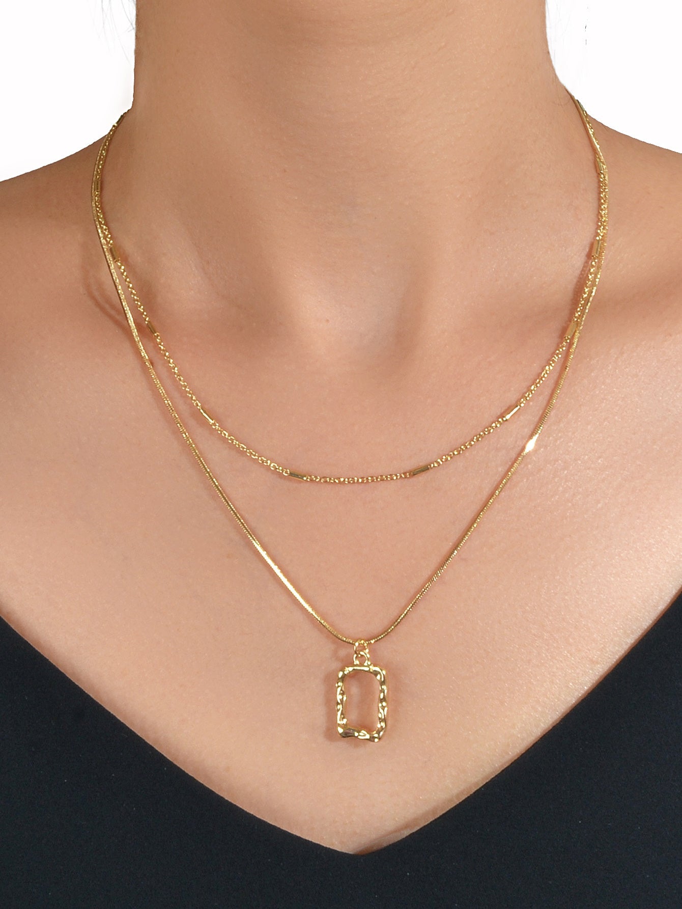 Minimalist square pendant layered necklace set with adjustable chain in metallic gold and silver finish