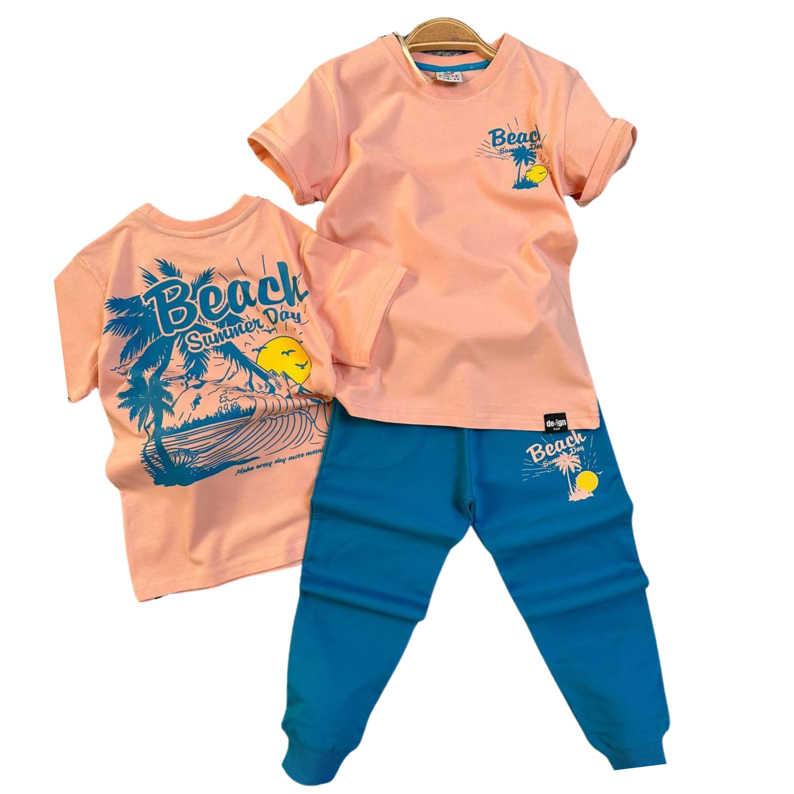 Beach dude boys jogger set featuring a blue cotton printed top and matching lightweight cotton pants — view 4