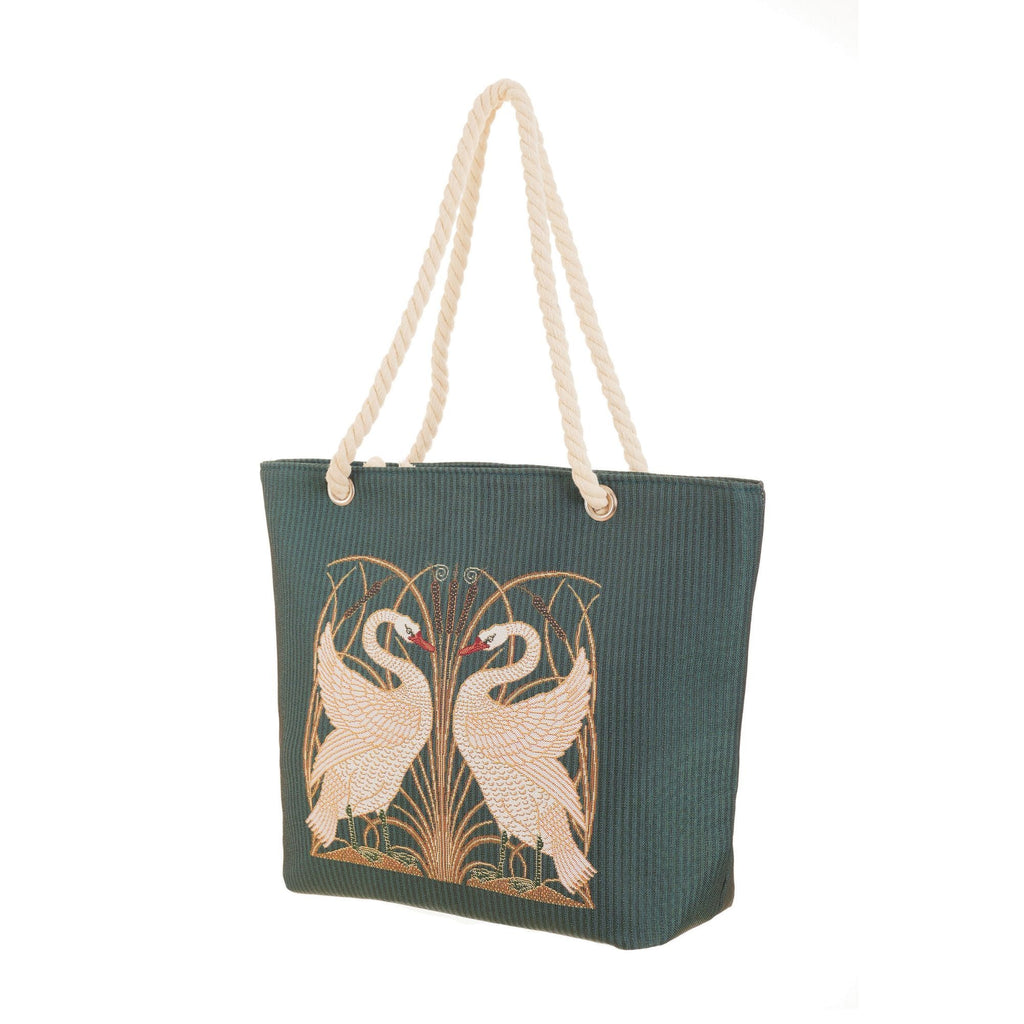 Woven tapestry rope tote bag featuring an elegant Walter Crane swan and botanical art design — view 2