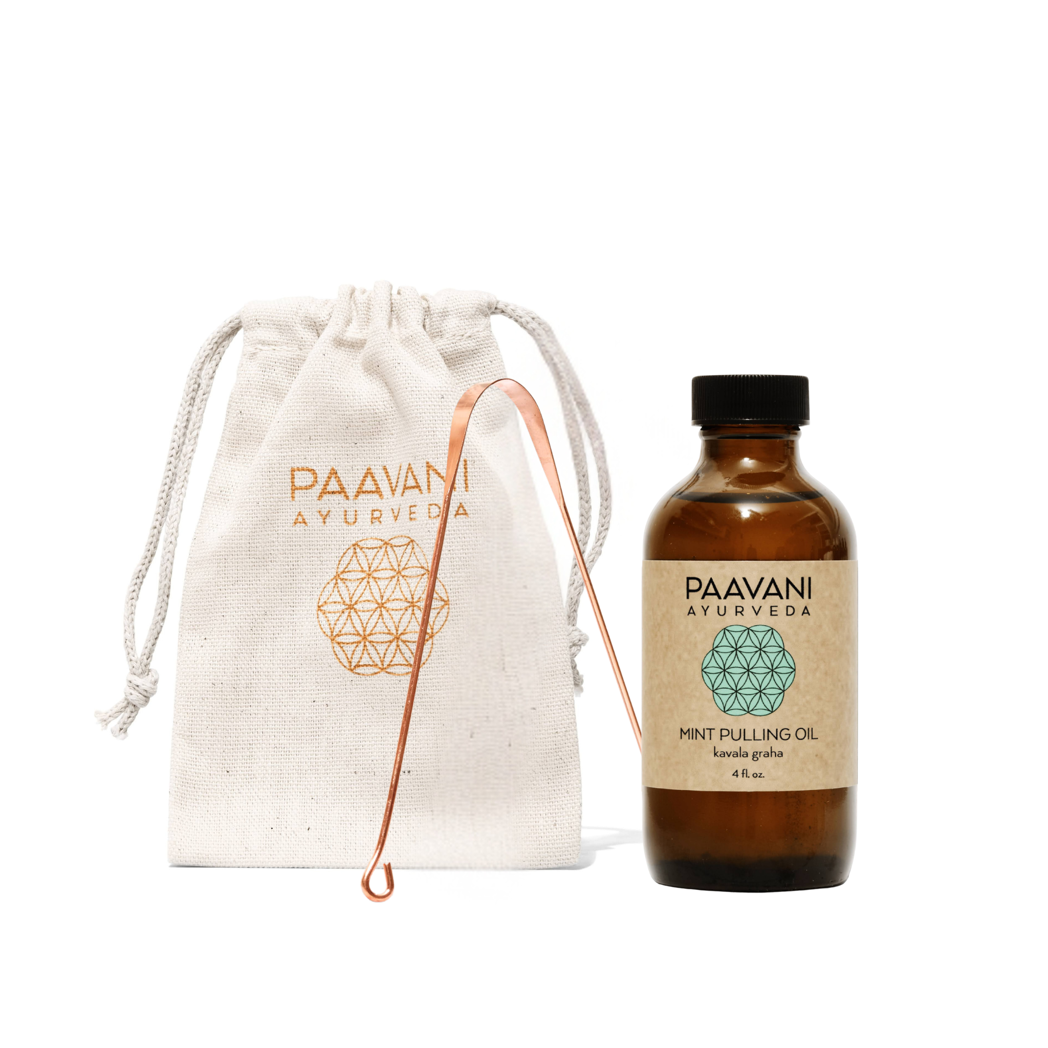 Mint oral care ritual kit featuring pulling oil bottle copper tongue cleaner and cloth travel pouch