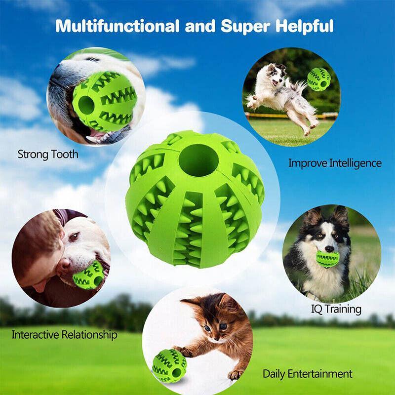 Rubber dog chew toy ball treat dispenser in vibrant colours with textured teeth cleaning surface — view 4