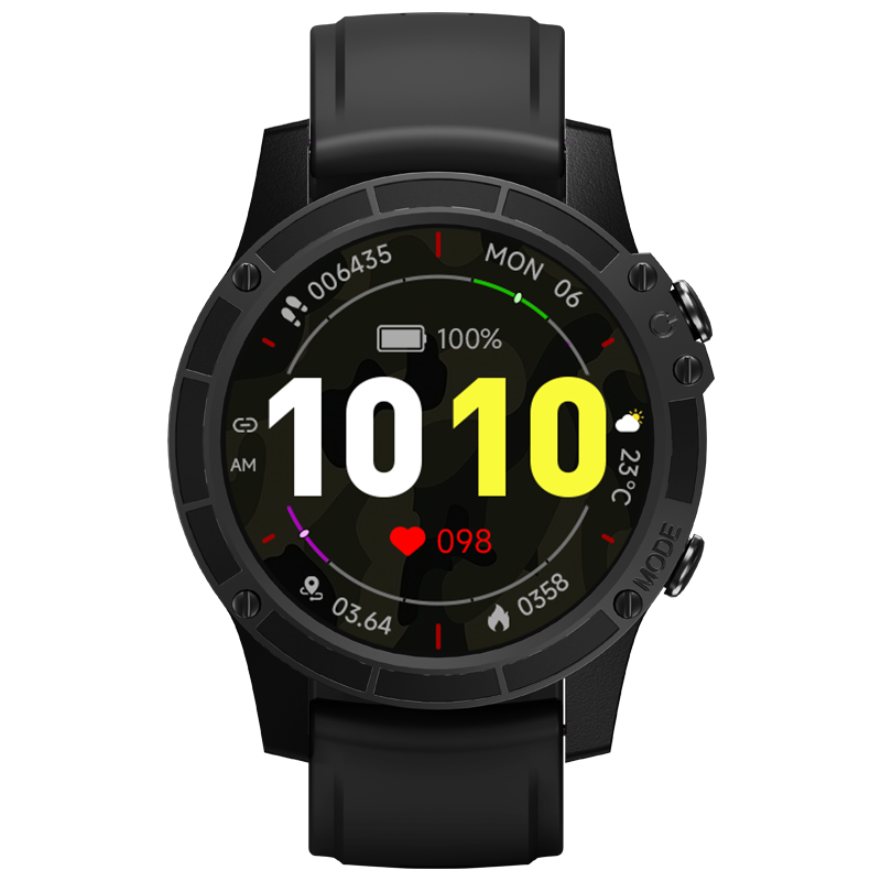 Black rugged sport smartwatch with touchscreen display showing a digital watch face and fitness metrics — view 2