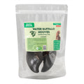 Four natural dark brown water buffalo hooves dog chews arranged together in a clear package