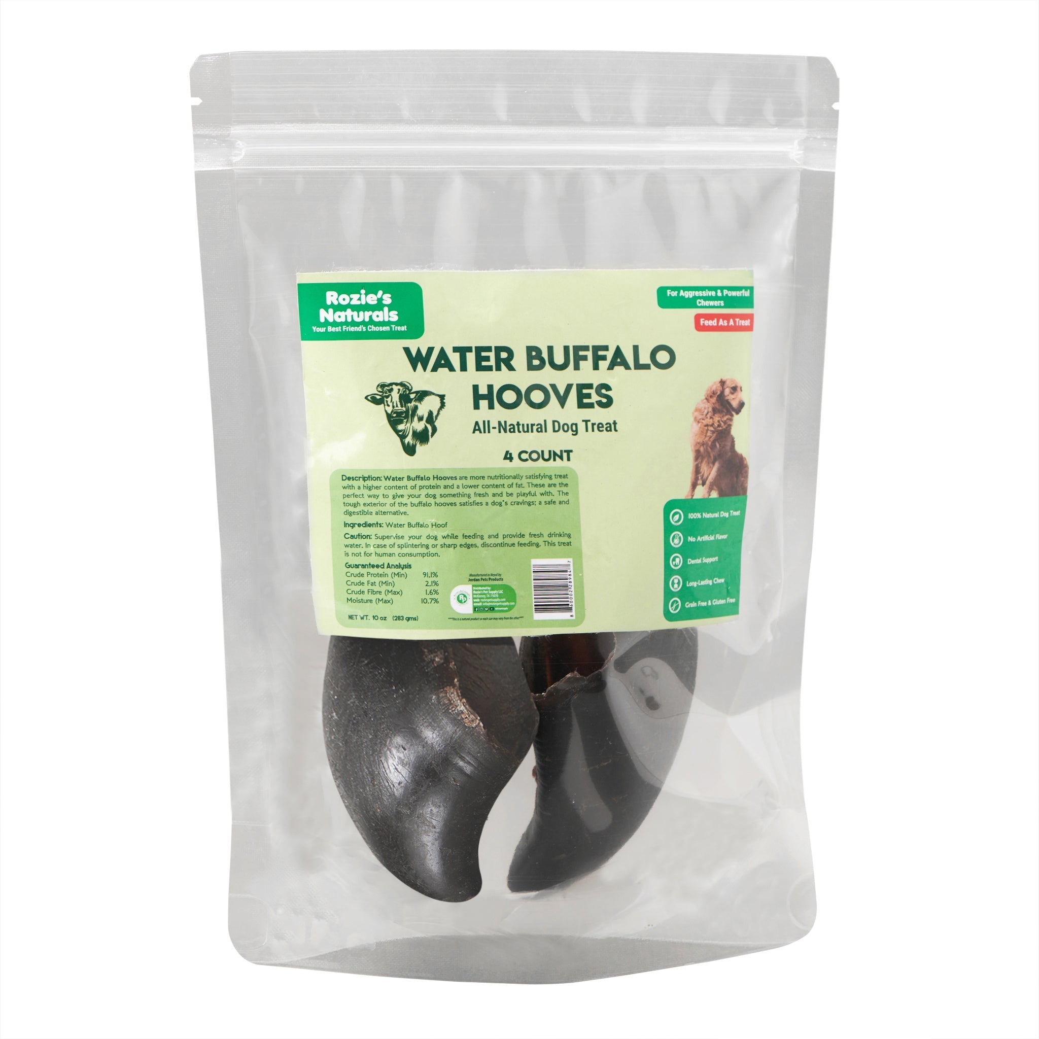 Four natural dark brown water buffalo hooves dog chews arranged together in a clear package
