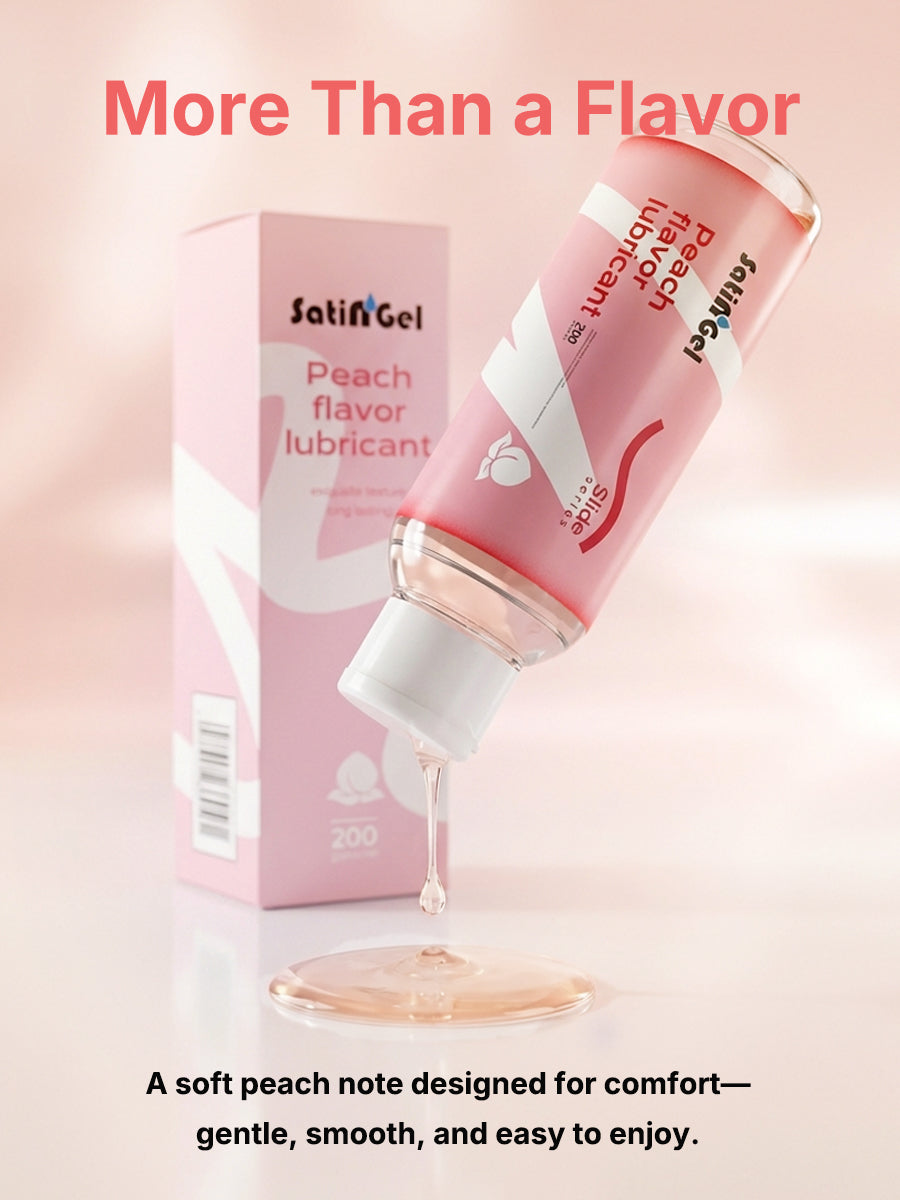 SatinGel peach flavored water-based personal lubricant bottle showcasing plant-based natural ingredients — view 2