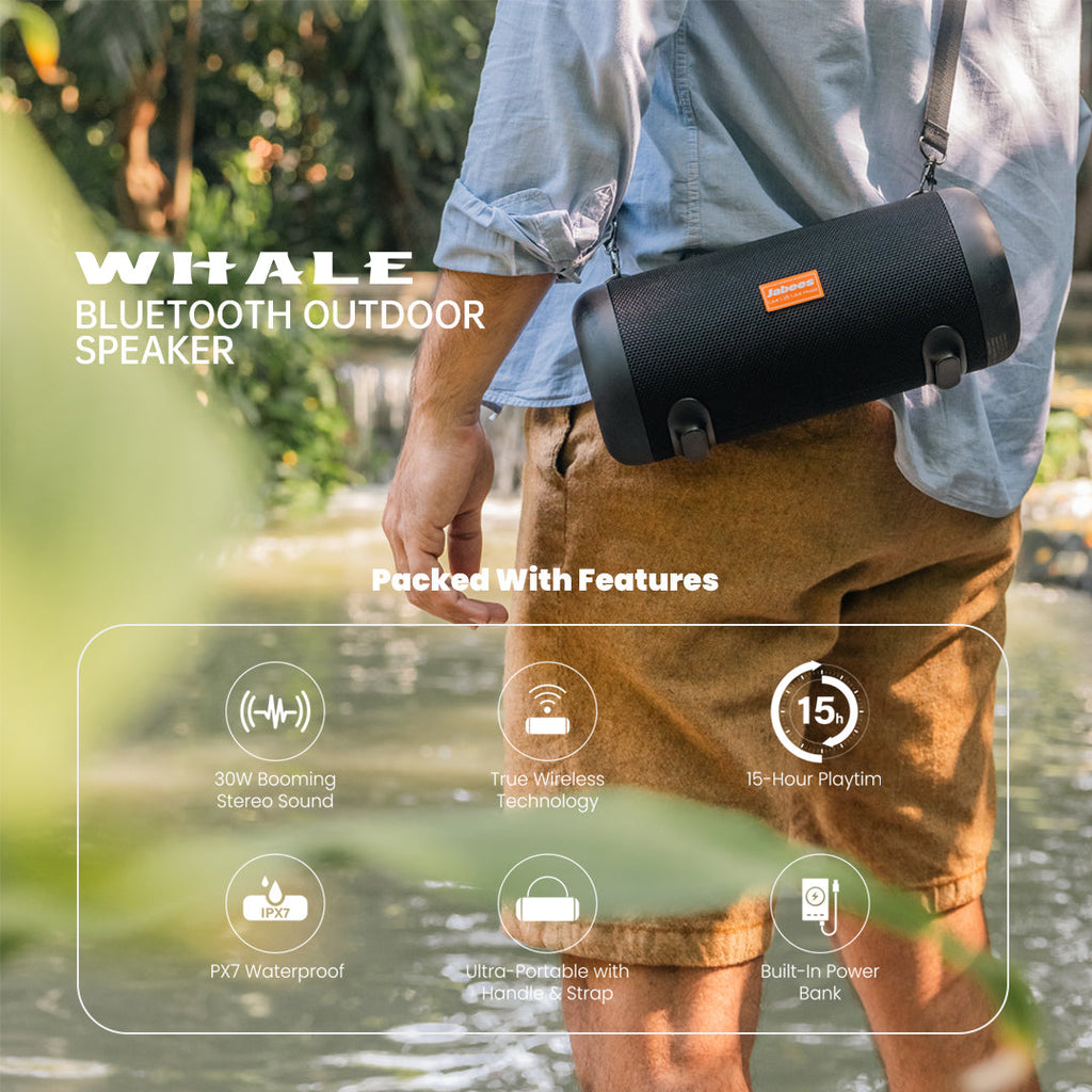 Whale portable waterproof Bluetooth speaker with black nylon shoulder strap and rugged exterior casing — view 2