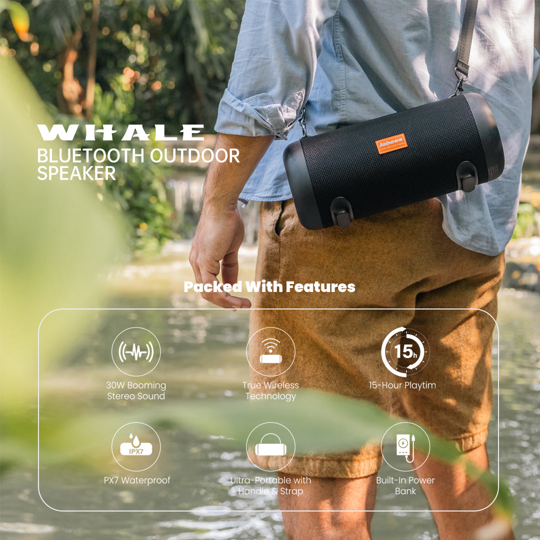 Whale portable waterproof Bluetooth speaker with black nylon shoulder strap and rugged exterior casing — view 2